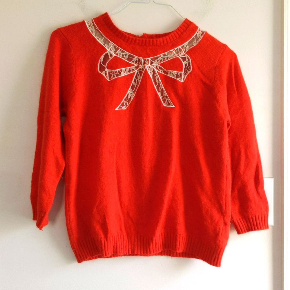 Sweet Lace Bow Red Rabbit Hair Sweater